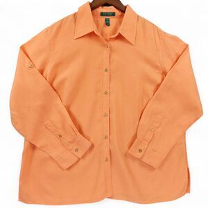Lauren Ralph Lauren Linen Shirt Womens 2X Orange Button Down Blouse Long Sleeve